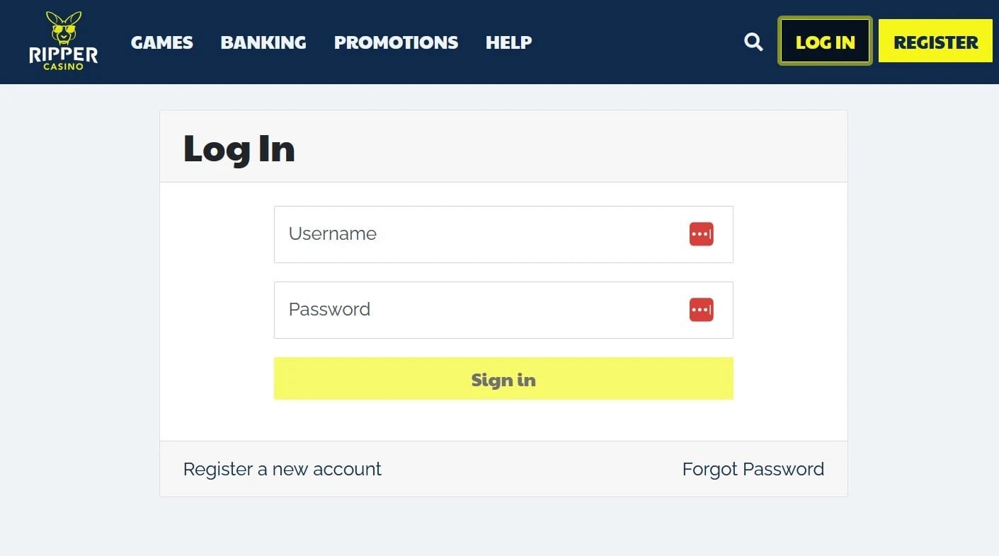 Ripper Casino login screen with email and password fields and a forgot password link