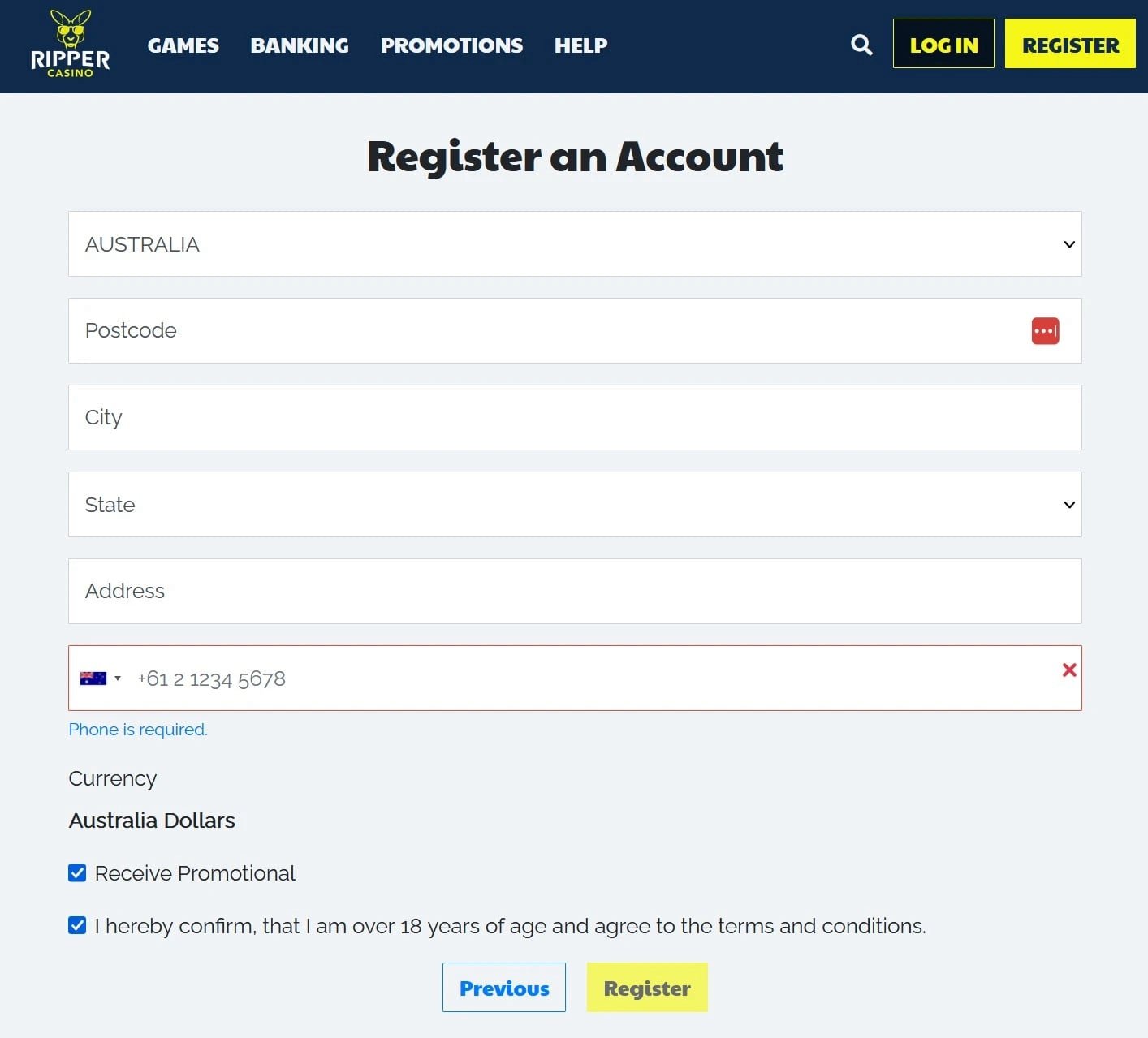Ripper Casino registration form showing email, password and personal details fields